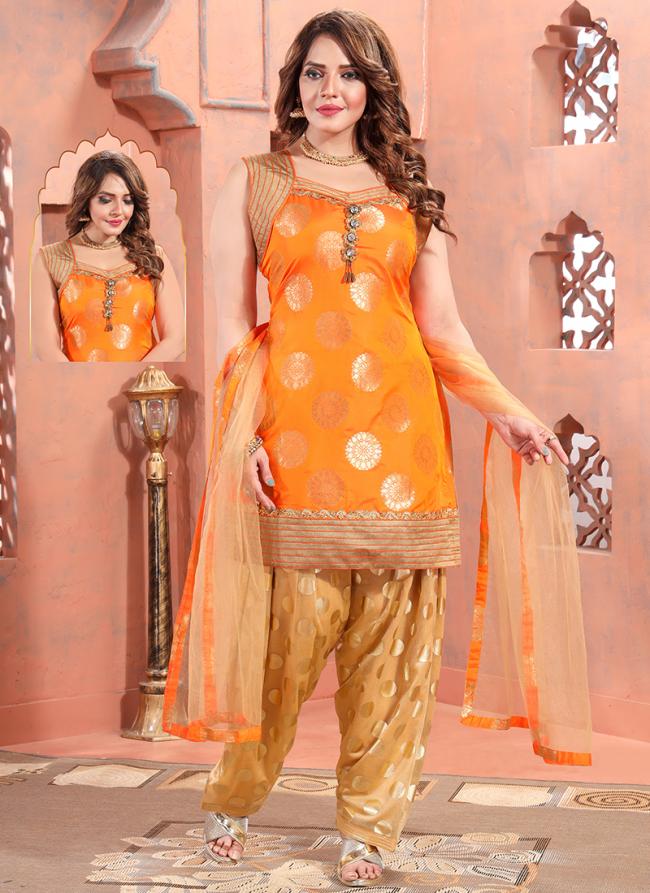 Orange Brocade Silk Party Wear Hand Work Readymade Salwar Suit
